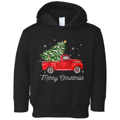 Vintage Red Truck With Merry Christmas Tree Raglan Baseball Toddler Hoodie
