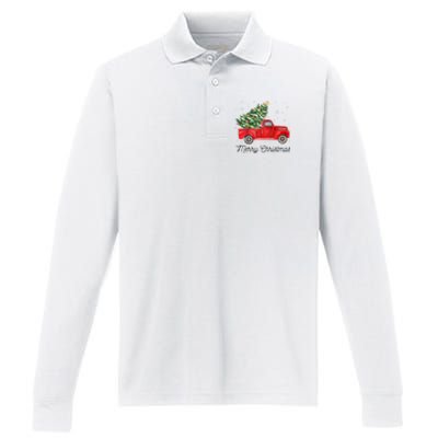 Vintage Red Truck With Merry Christmas Tree Raglan Baseball Performance Long Sleeve Polo