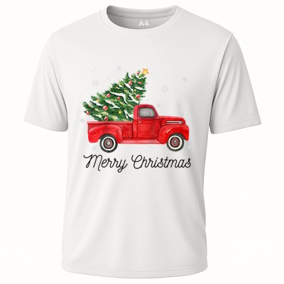 Vintage Red Truck With Merry Christmas Tree Raglan Baseball Cooling Performance Crew T-Shirt