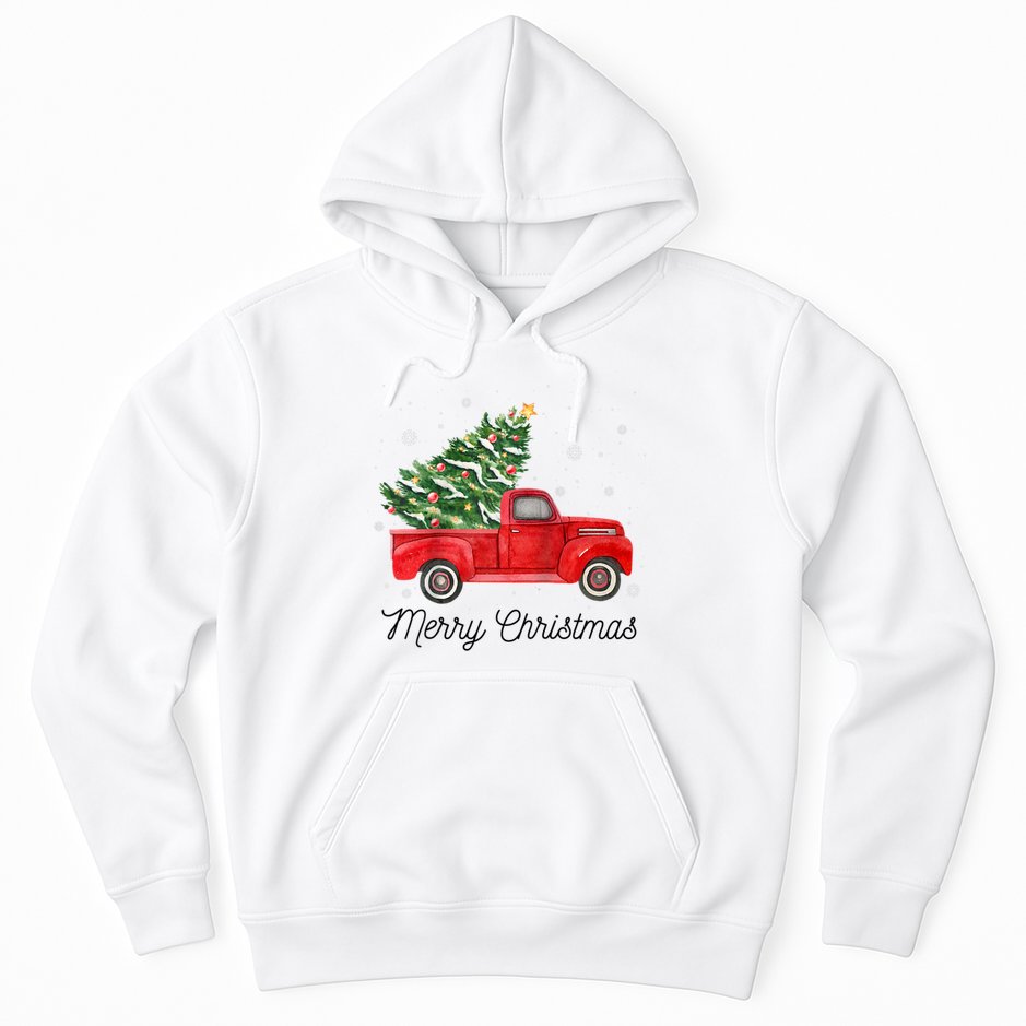 Vintage Red Truck With Merry Christmas Tree Raglan Baseball Hoodie