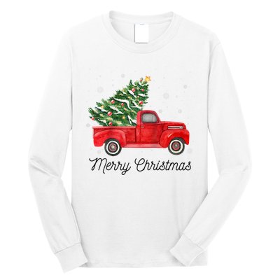 Vintage Red Truck With Merry Christmas Tree Raglan Baseball Long Sleeve Shirt
