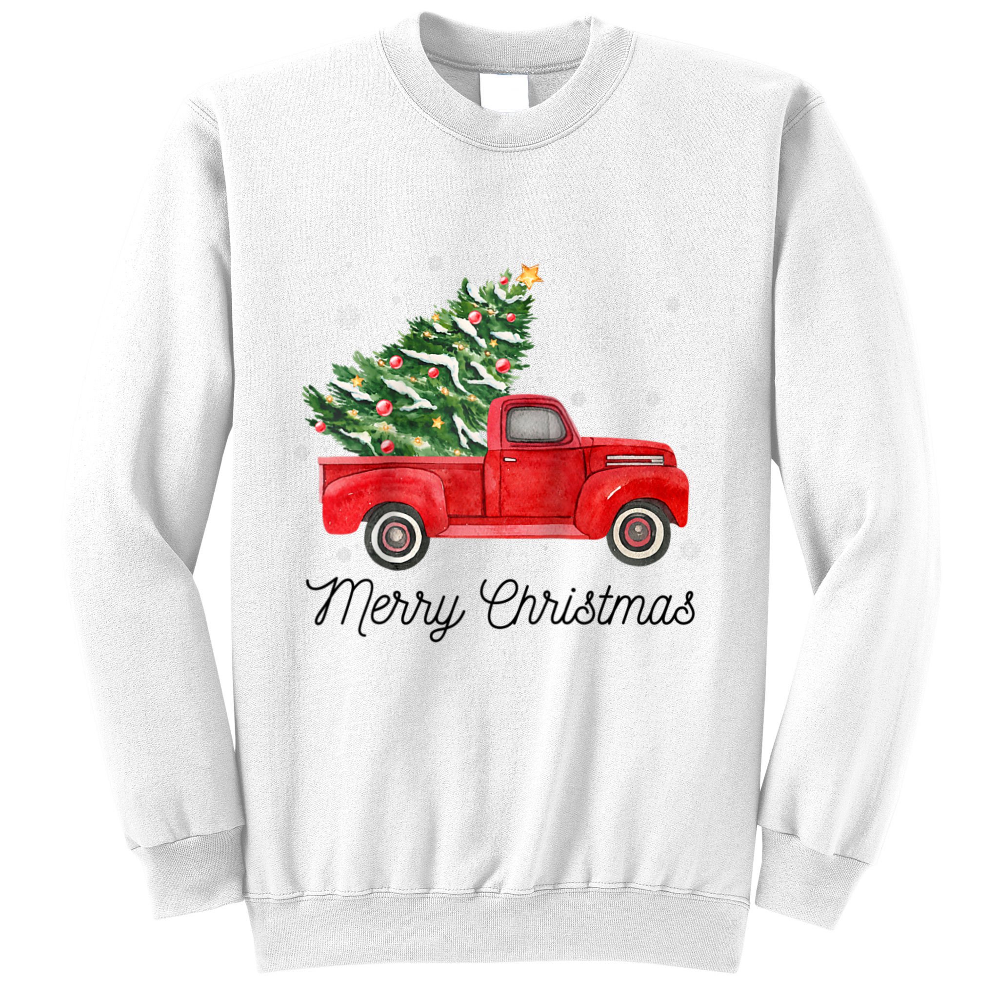 Vintage Red Truck With Merry Christmas Tree Raglan Baseball Sweatshirt