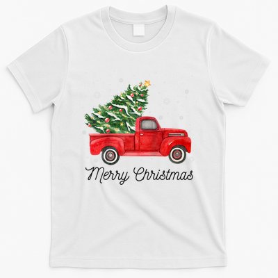 Vintage Red Truck With Merry Christmas Tree Raglan Baseball T-Shirt