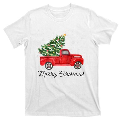 Vintage Red Truck With Merry Christmas Tree Raglan Baseball T-Shirt