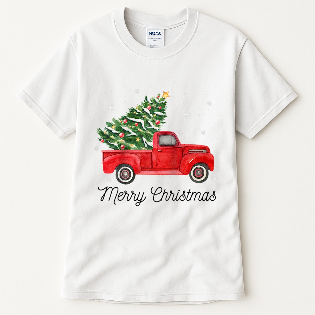 Vintage Red Truck With Merry Christmas Tree Raglan Baseball Tall T-Shirt