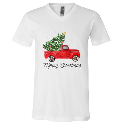 Vintage Red Truck With Merry Christmas Tree Raglan Baseball V-Neck T-Shirt