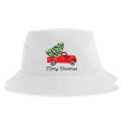 Vintage Red Truck With Merry Christmas Tree Raglan Baseball Sustainable Bucket Hat