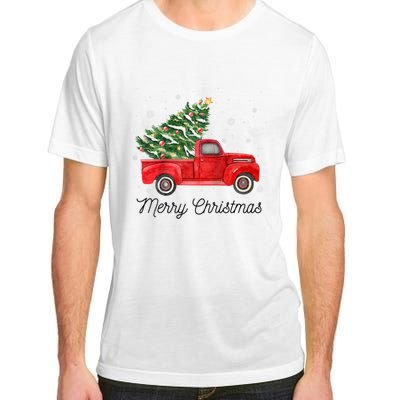 Vintage Red Truck With Merry Christmas Tree Raglan Baseball Adult ChromaSoft Performance T-Shirt