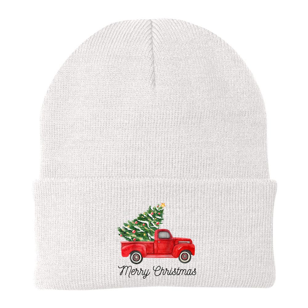 Vintage Red Truck With Merry Christmas Tree Raglan Baseball Beanie