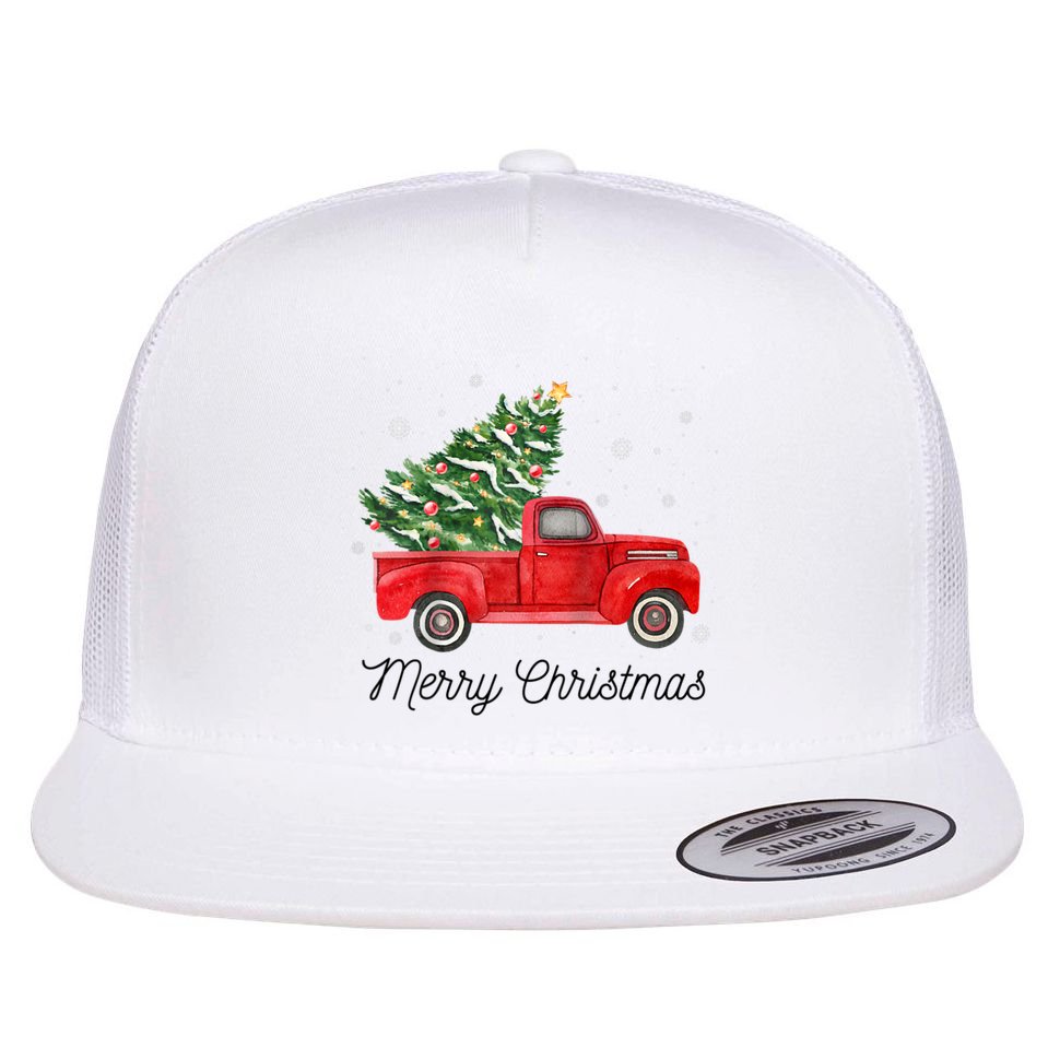 Vintage Red Truck With Merry Christmas Tree Raglan Baseball Flat Bill Trucker Hat