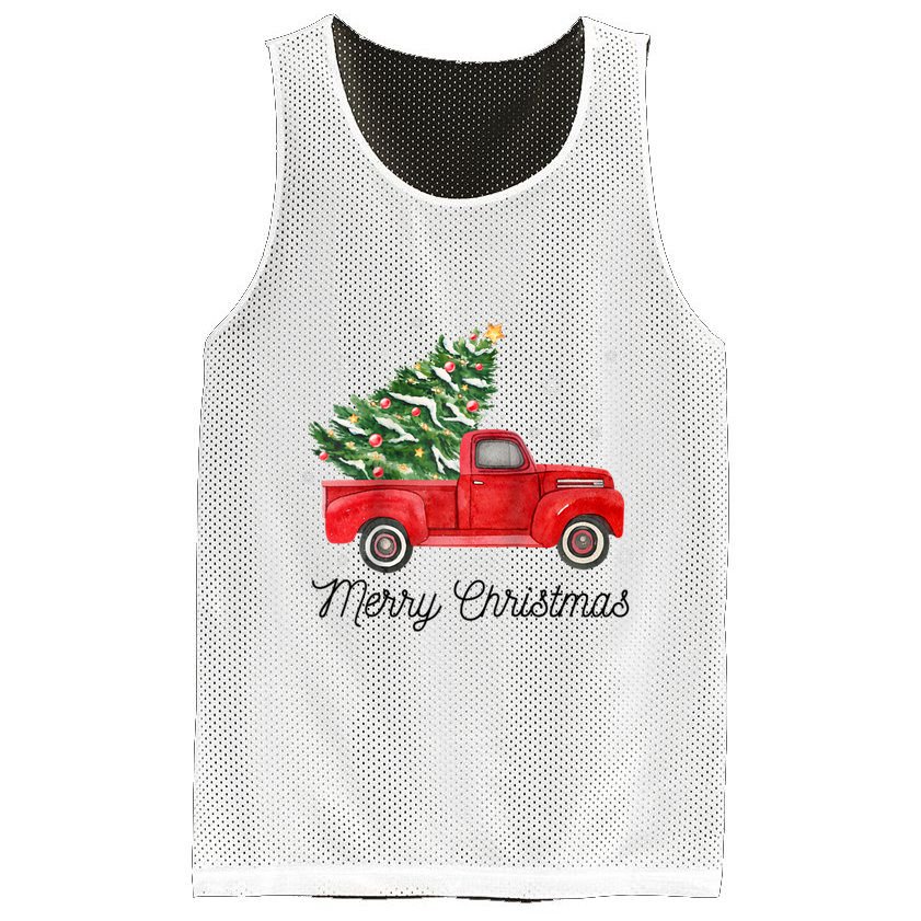 Vintage Red Truck With Merry Christmas Tree Raglan Baseball Mesh Reversible Basketball Jersey Tank