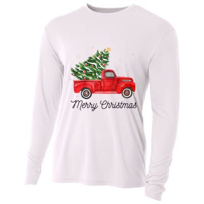 Vintage Red Truck With Merry Christmas Tree Raglan Baseball Cooling Performance Long Sleeve Crew