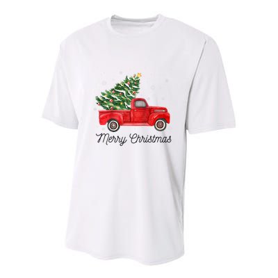 Vintage Red Truck With Merry Christmas Tree Raglan Baseball Youth Performance Sprint T-Shirt