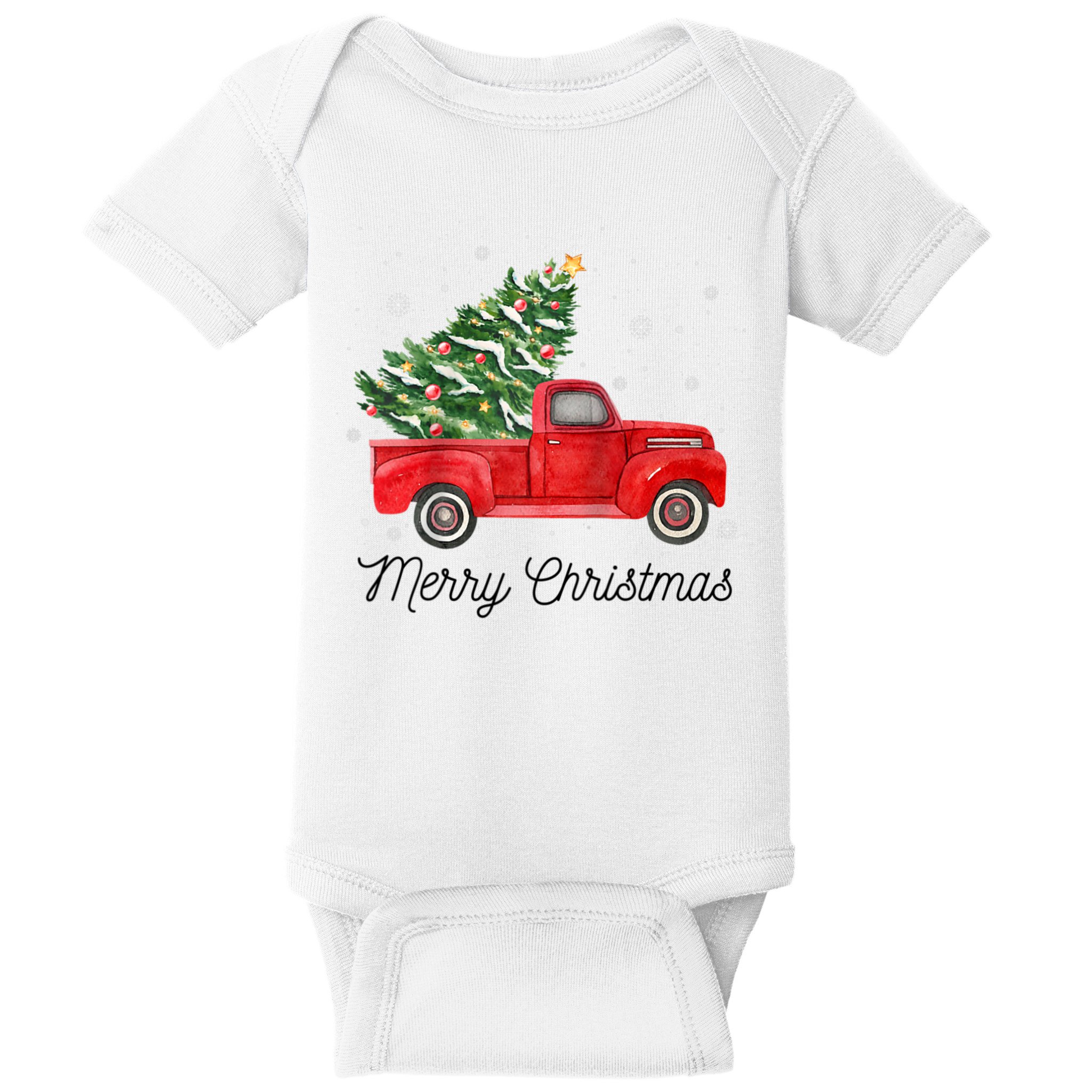 Vintage Red Truck With Merry Christmas Tree Raglan Baseball Baby Bodysuit