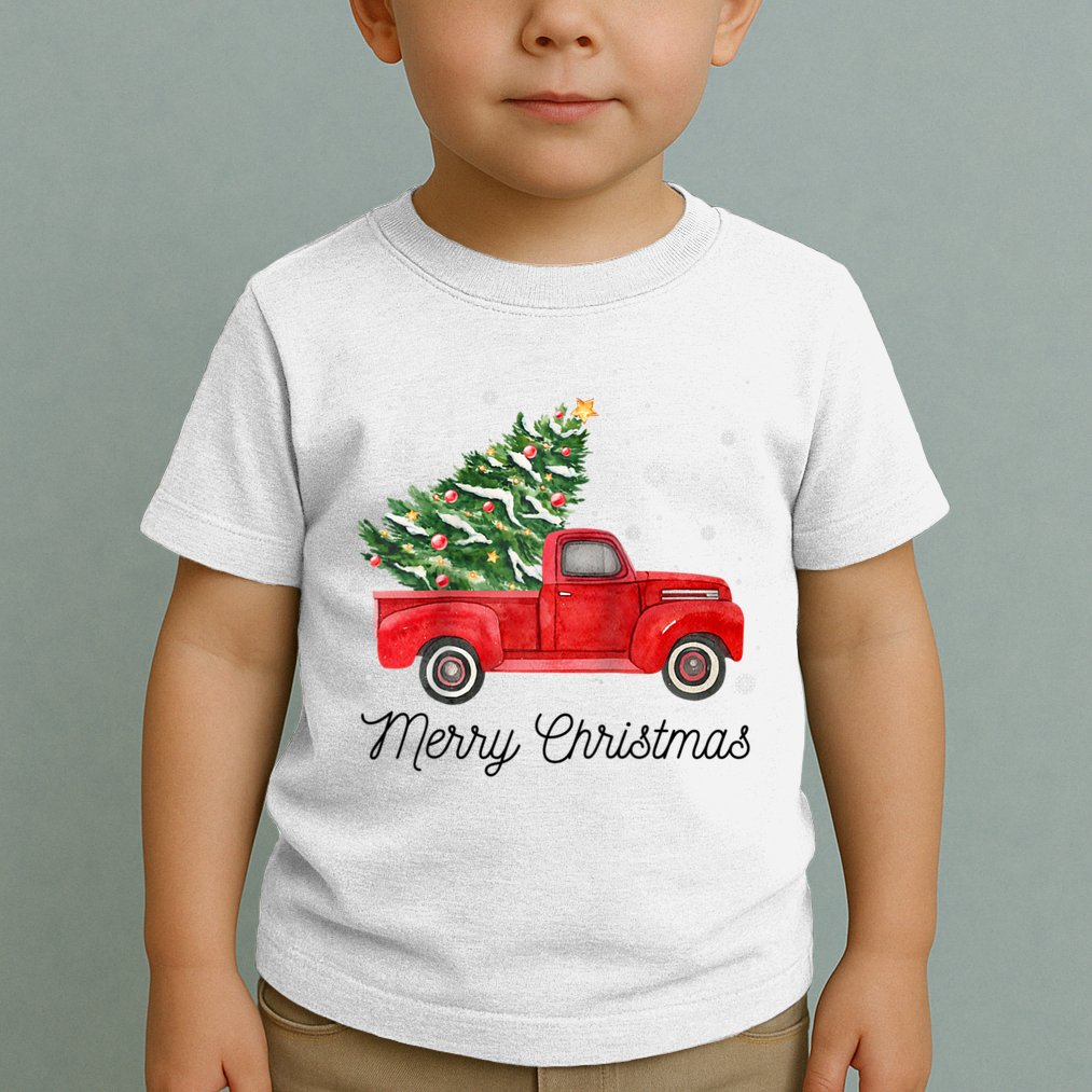 Vintage Red Truck With Merry Christmas Tree Raglan Baseball Toddler T-Shirt
