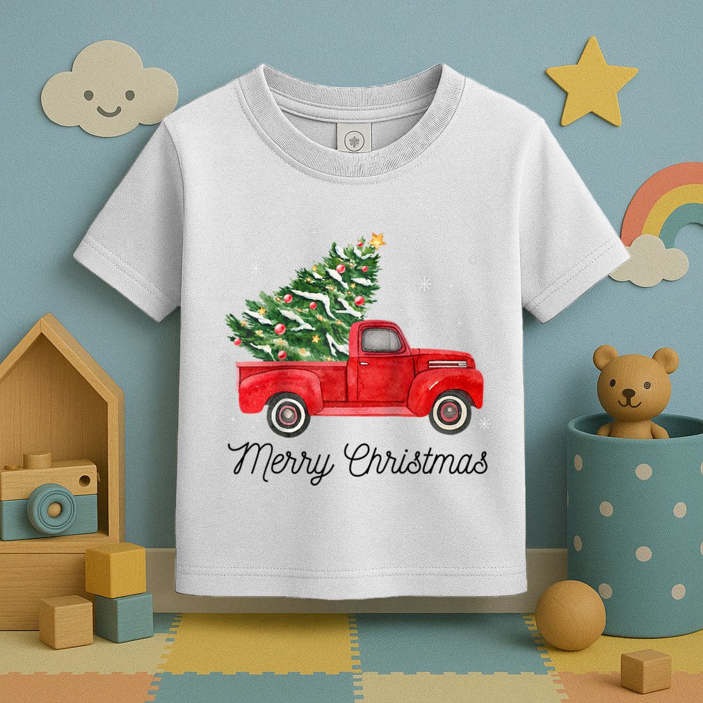 Vintage Red Truck With Merry Christmas Tree Raglan Baseball Toddler T-Shirt