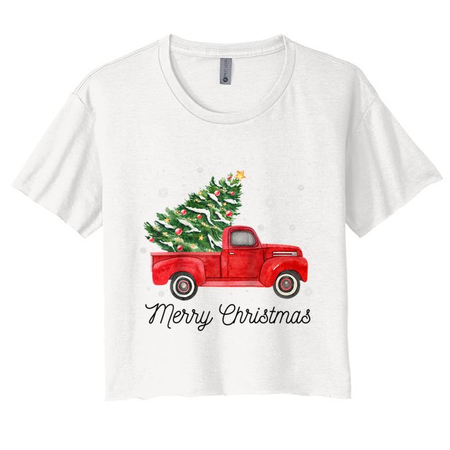 Vintage Red Truck With Merry Christmas Tree Raglan Baseball Women's Crop Top Tee