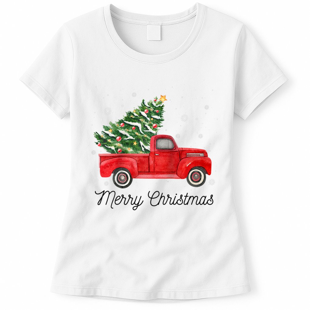 Vintage Red Truck With Merry Christmas Tree Raglan Baseball Womens T-Shirt