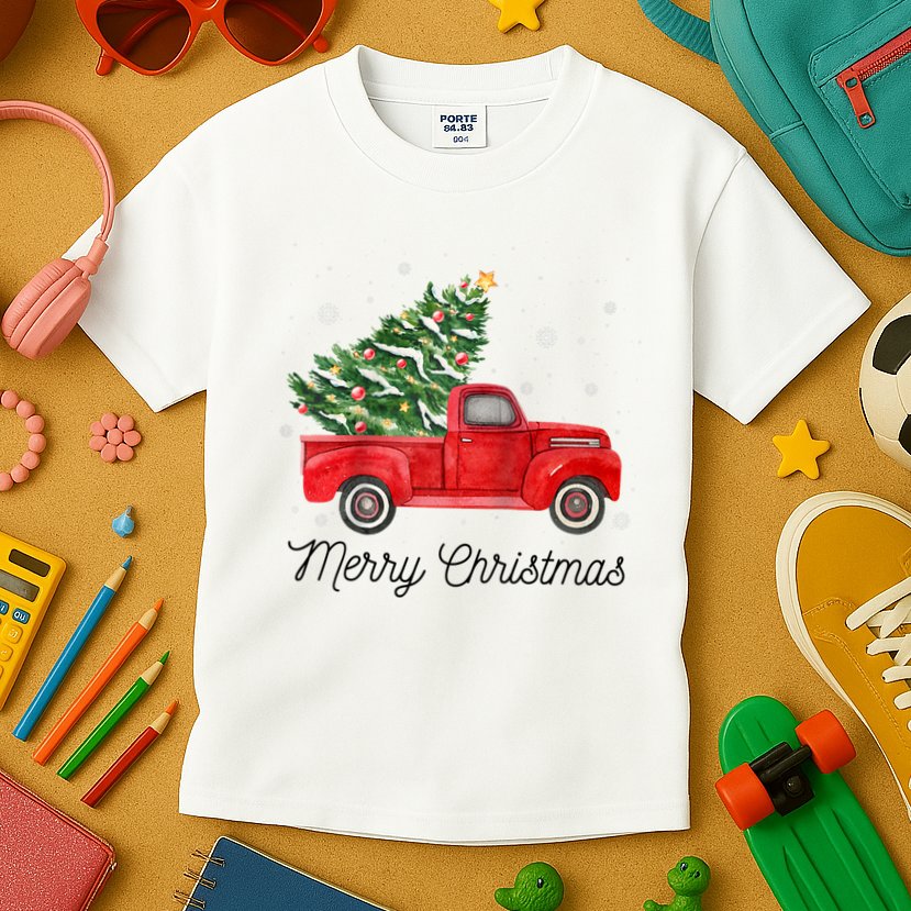 Vintage Red Truck With Merry Christmas Tree Raglan Baseball Kids T-Shirt