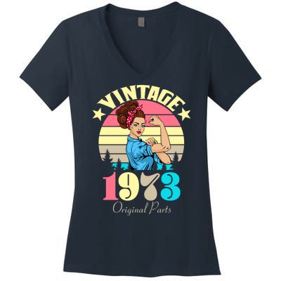 Vintage Rosie The Riveter 1973 Original Parts 50th Birthday Women's V-Neck T-Shirt