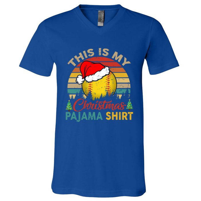 Vintage Retro This Is My Christmas Pajama Meaningful Gift Softball Meaningful Gi V-Neck T-Shirt