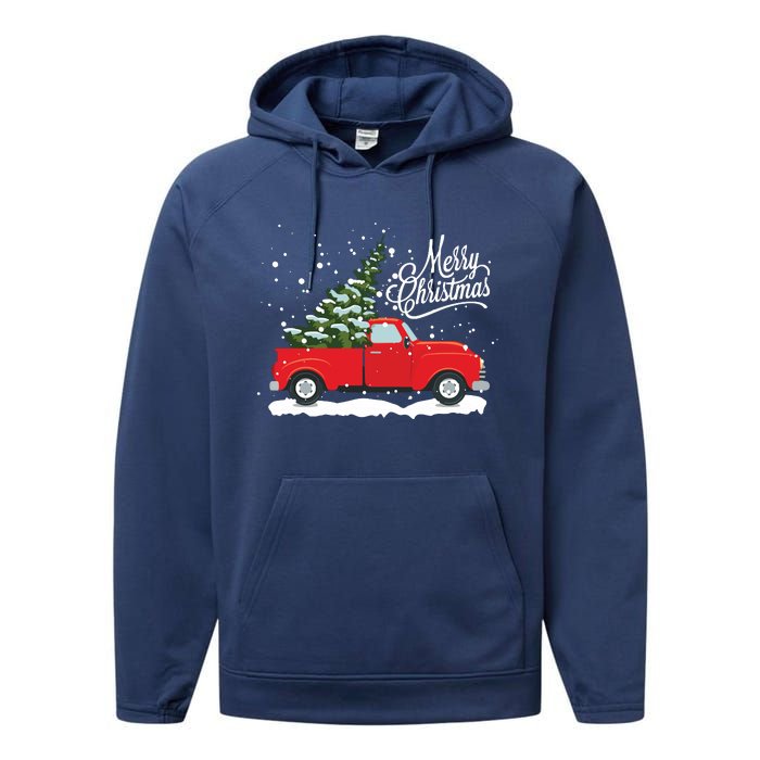 Vintage Red Truck Christmas Tree Long Sleeve Performance Fleece Hoodie