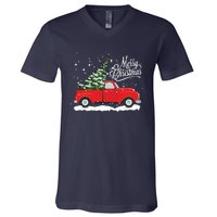 Vintage Red Truck Christmas Tree Long Sleeve V-Neck T-Shirt