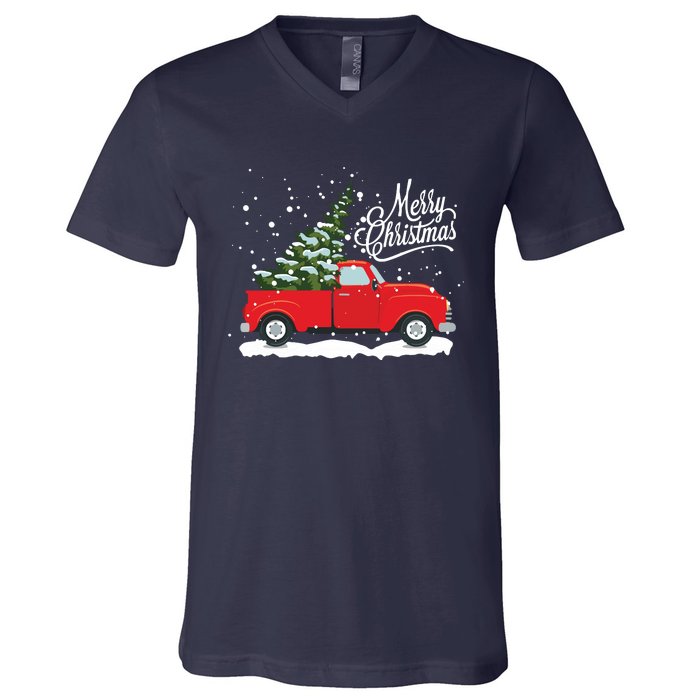 Vintage Red Truck Christmas Tree Long Sleeve V-Neck T-Shirt