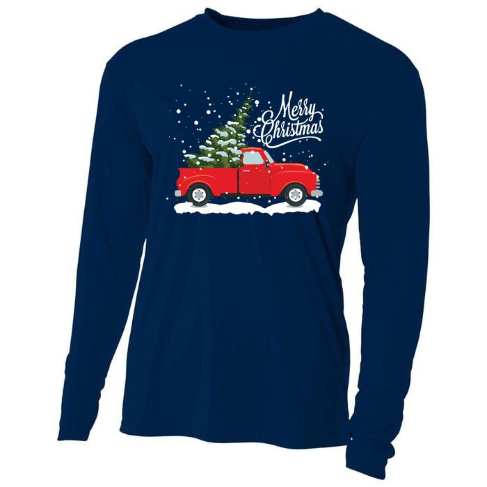 Vintage Red Truck Christmas Tree Long Sleeve Cooling Performance Long Sleeve Crew