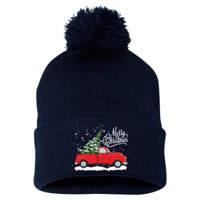 Vintage Red Truck Christmas Tree Long Sleeve Pom Pom 12in Knit Beanie