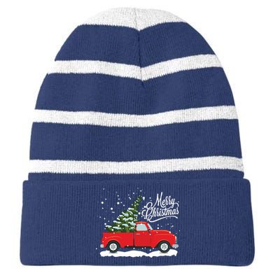 Vintage Red Truck Christmas Tree Long Sleeve Striped Beanie with Solid Band