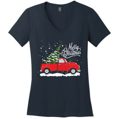 Vintage Red Truck Christmas Tree Long Sleeve Women's V-Neck T-Shirt