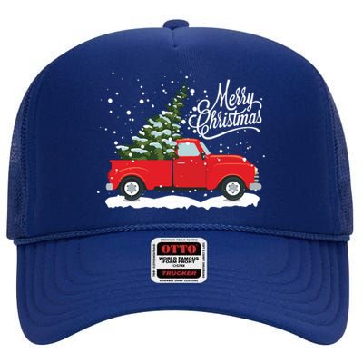 Vintage Red Truck Christmas Tree Long Sleeve High Crown Mesh Back Trucker Hat