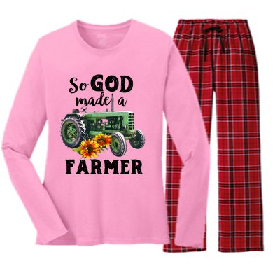 Vintage Retro Tractor God Made A Farmer Proud Farmer Farming Gift Women's Long Sleeve Flannel Pajama Set 