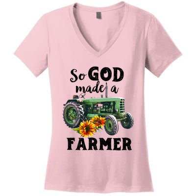 Vintage Retro Tractor God Made A Farmer Proud Farmer Farming Gift Women's V-Neck T-Shirt