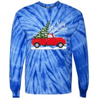 Vintage Red Truck Christmas Tree Cute Gift Tie-Dye Long Sleeve Shirt