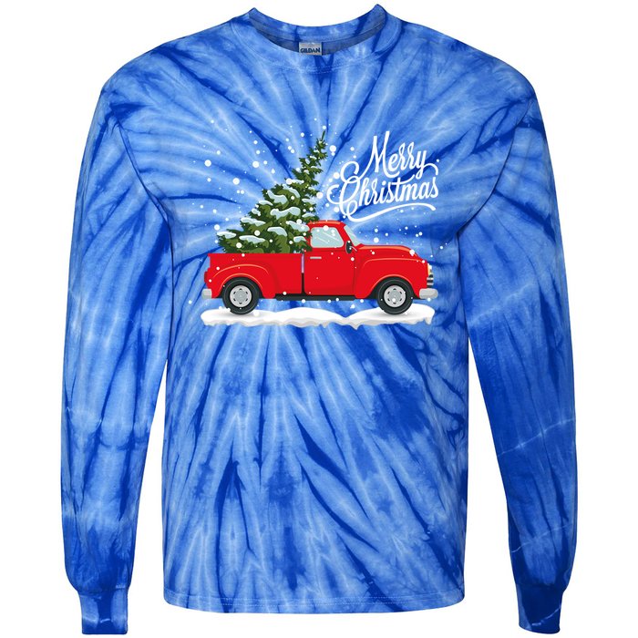 Vintage Red Truck Christmas Tree Cute Gift Tie-Dye Long Sleeve Shirt