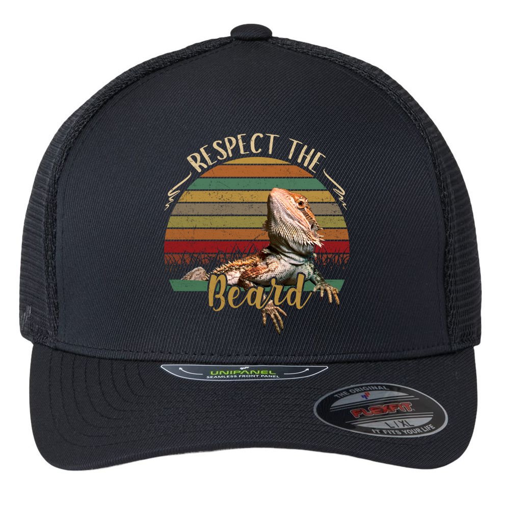 Vintage Respect The Beard Funny Bearded Dragon Lizard Gift Flexfit Unipanel Trucker Cap