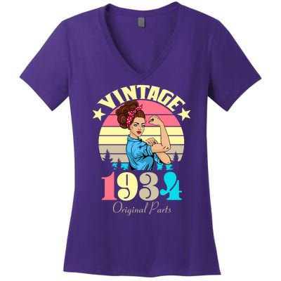 Vintage Rosie The Riveter 1934 Original Parts 90th Birthday Women's V-Neck T-Shirt