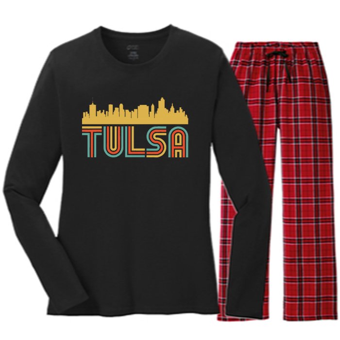 Vintage Retro Tulsa Oklahoma Skyline Women's Long Sleeve Flannel Pajama Set 