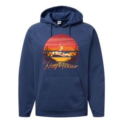 Vintage Retro Travel Visit New Mexico Performance Fleece Hoodie