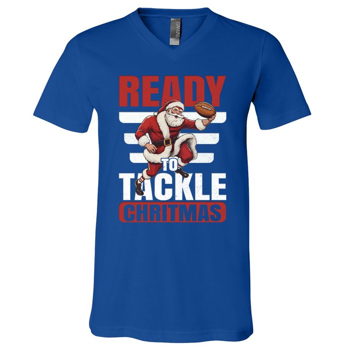 Vintage Ready To Tackle Christmas Football Santa Gift V-Neck T-Shirt