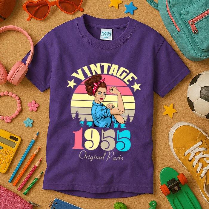 Vintage Rosie The Riveter 1955 Original Parts 70th Birthday Kids T-Shirt
