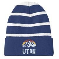 Vintage Retro Ut Utah Mountain State Sunrise Striped Beanie with Solid Band