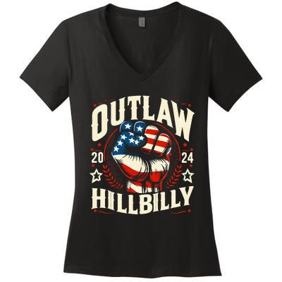 Vintage Retro Us Flag Outlaw Hillbilly 2024 Trump Vance 2024 Women's V-Neck T-Shirt