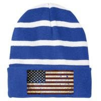 Vintage Retro Usa Us Flag Independence Day 4th Of July Great Gift Striped Beanie with Solid Band