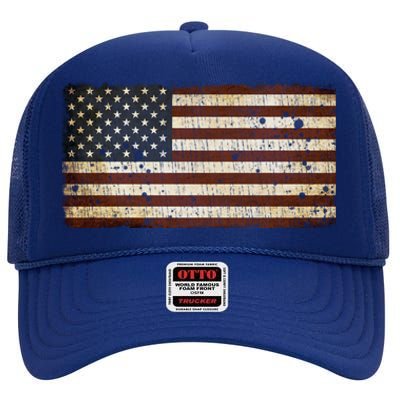 Vintage Retro Usa Us Flag Independence Day 4th Of July Great Gift High Crown Mesh Back Trucker Hat