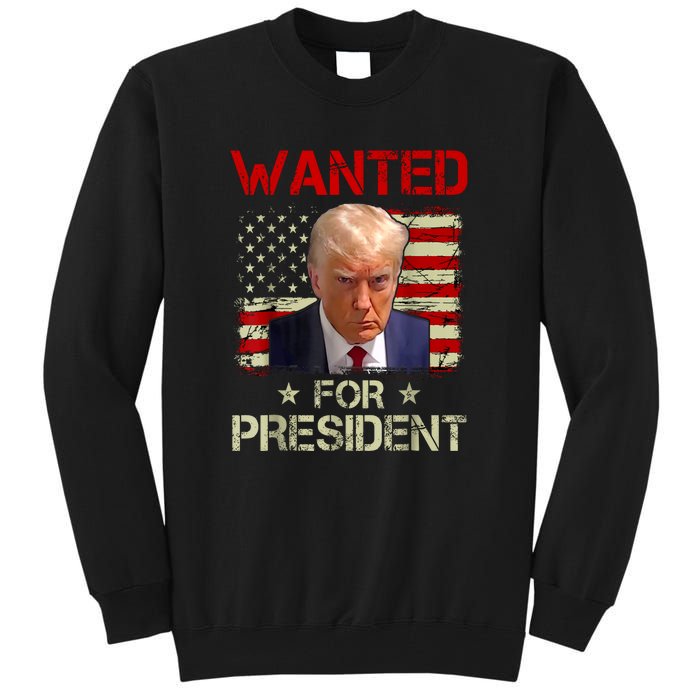 Vintage Retro Wanted Donald Trump For President 2024 USA Flag Gift Tall Sweatshirt