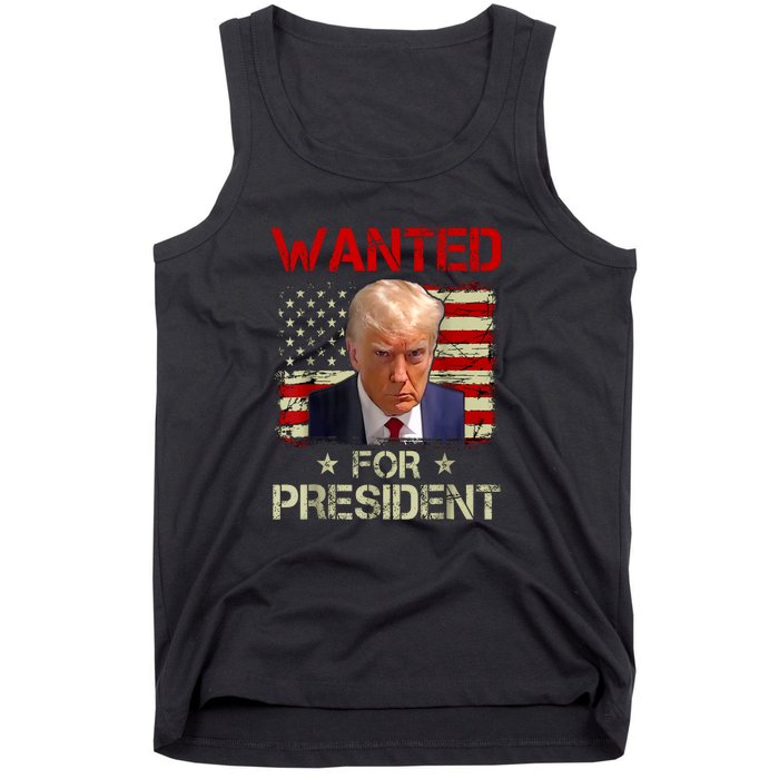 Vintage Retro Wanted Donald Trump For President 2024 USA Flag Gift Tank Top