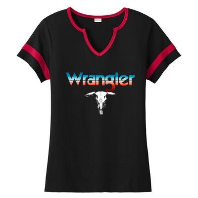 Vintage Rodeo Wrangler Western Cow Skull Cow Print Wrangler Ladies Halftime Notch Neck Tee